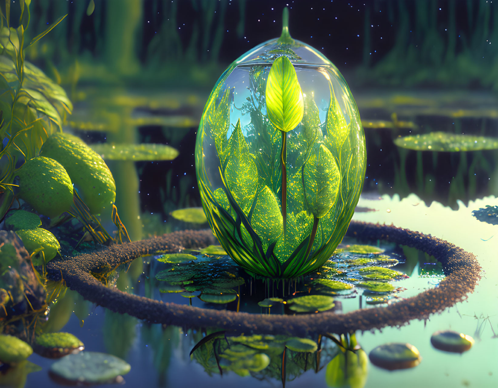 Vibrant green plant in glowing orb above tranquil pond