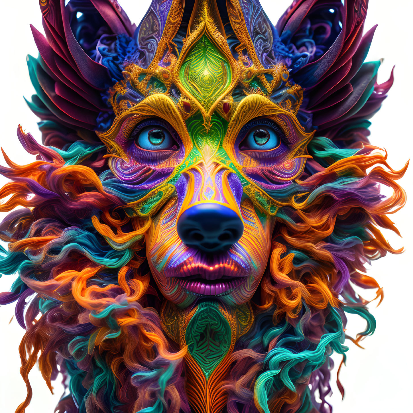 Colorful digital art: Mythical creature with wolf-like face and ornate headdress