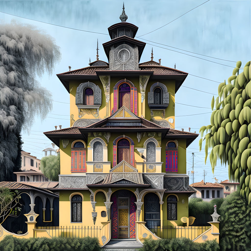 Yellow Three-Story Ornate House with Tower, Balconies, Trees, and Dark Smoke Pl