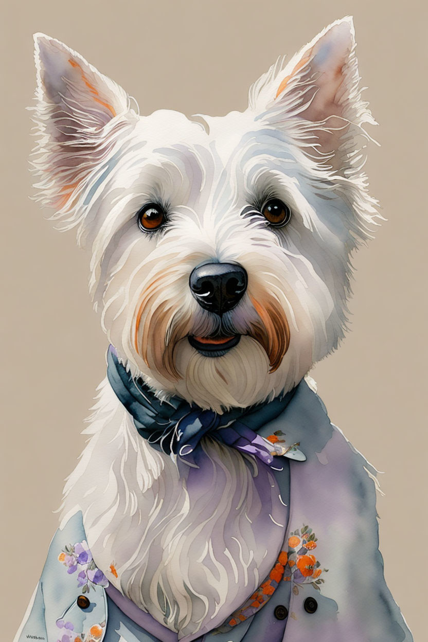 West Highland White Terrier in human-like posture with floral collar and purple shirt