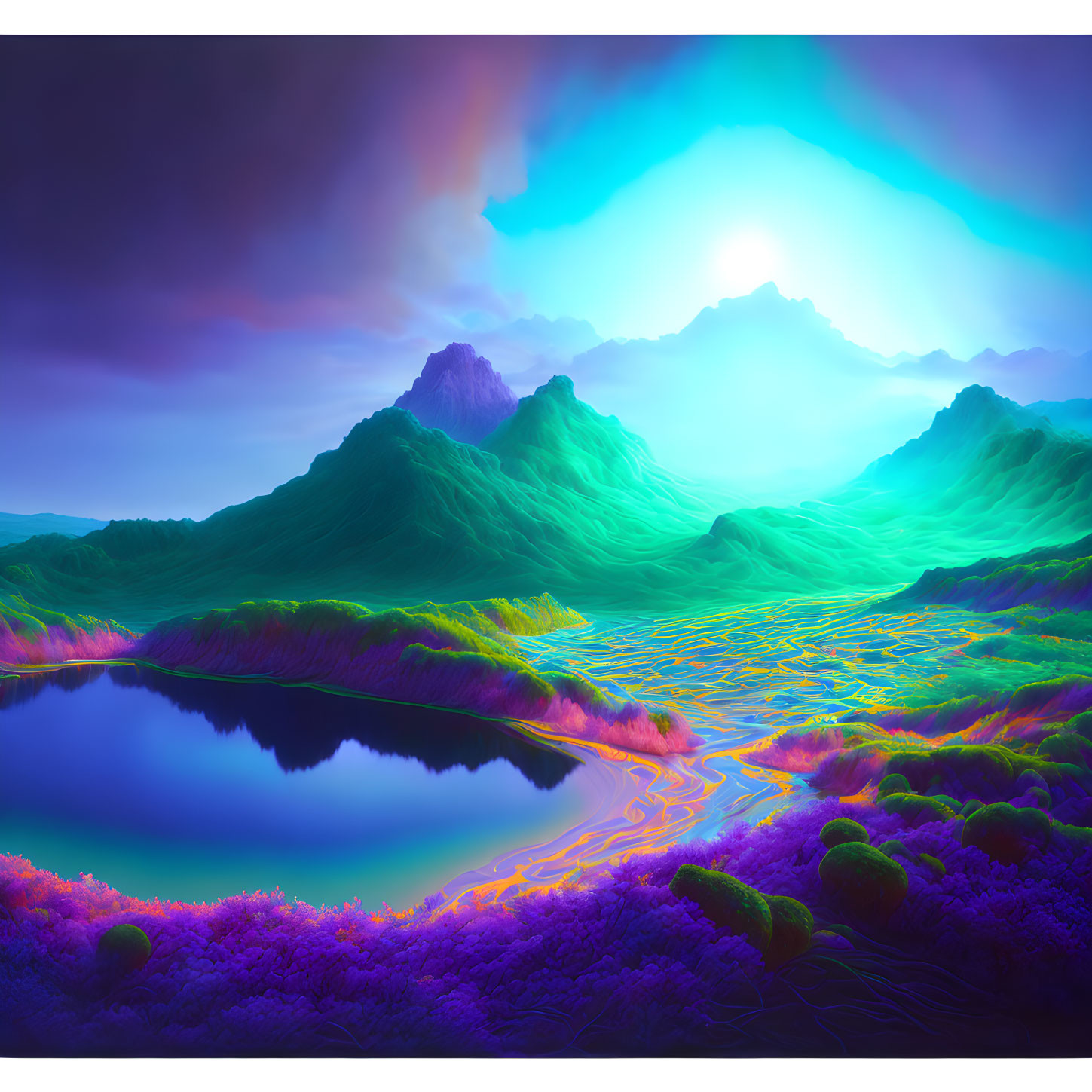 Colorful Digital Art: Luminous Green Hills, Reflective Lake, Purple Flora