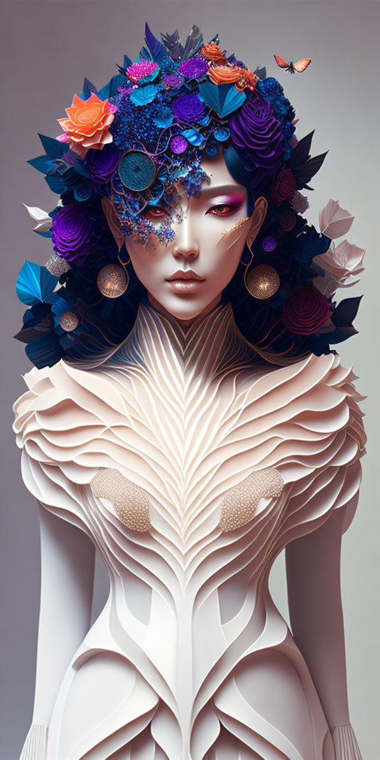 Colorful Floral Crown and Petal Clothing in Fantastical Digital Art