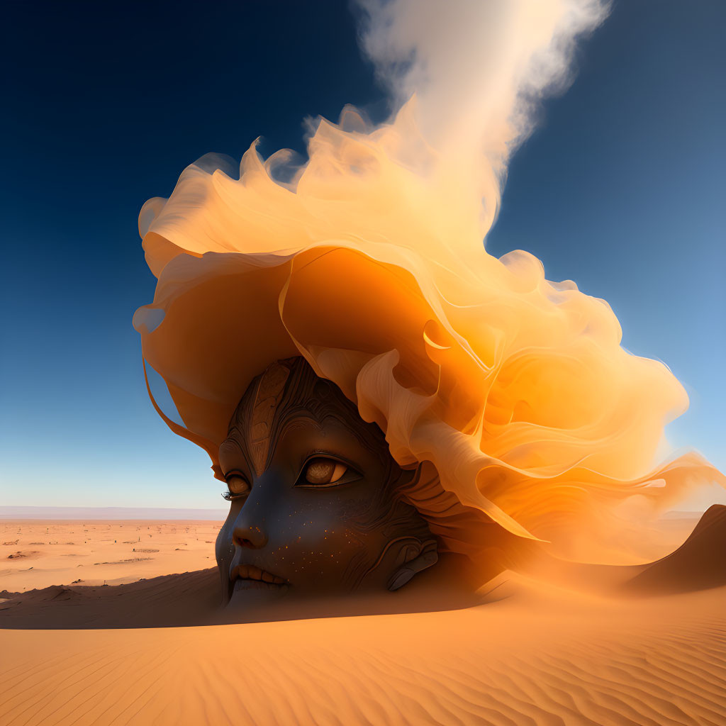 Surreal face with orange flame-like hair in desert landscape