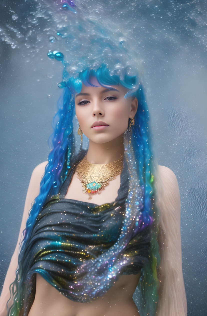 Blue-haired woman adorned with gold jewelry in mystical iridescent swirls on soft blue backdrop