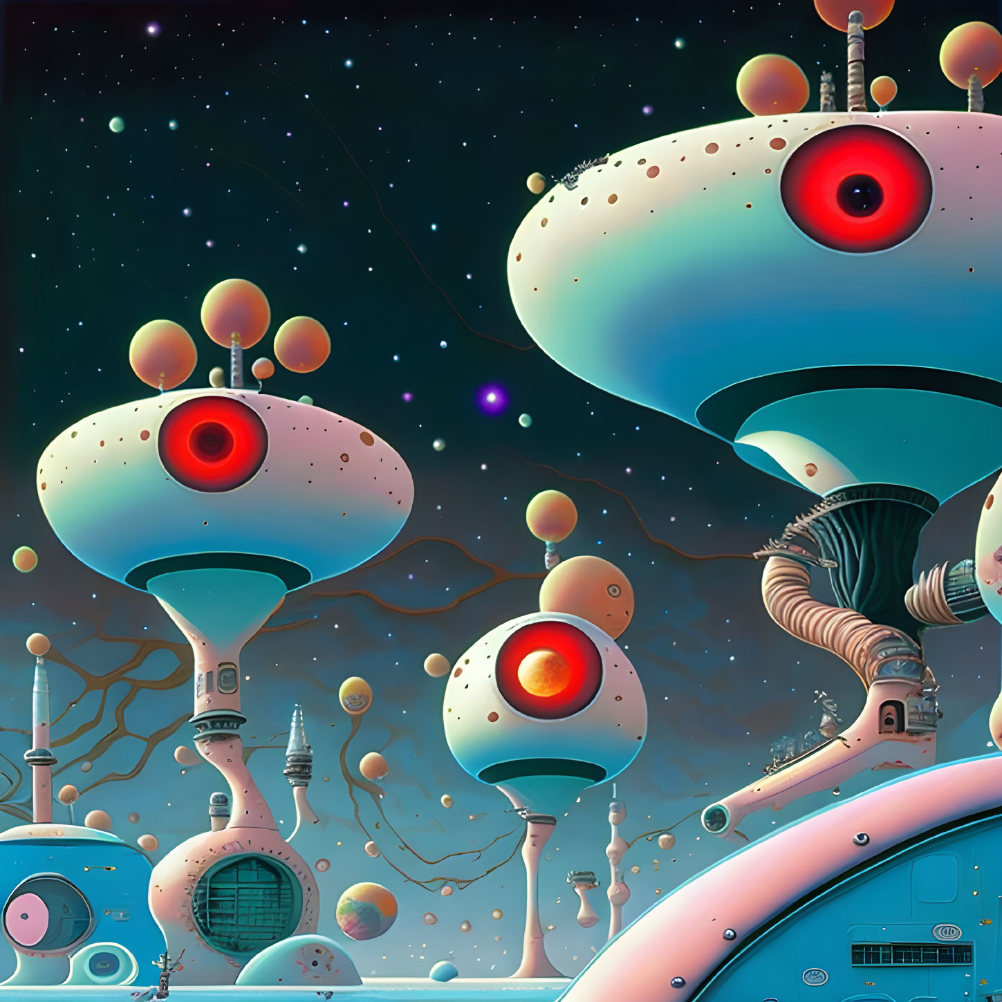 Vibrant alien cityscape with large-eyed structures in starry sky