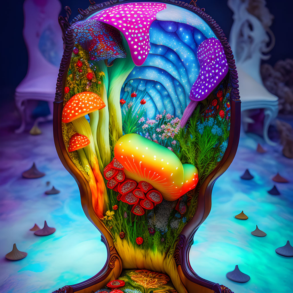 Colorful psychedelic digital art: whimsical clam shell scene