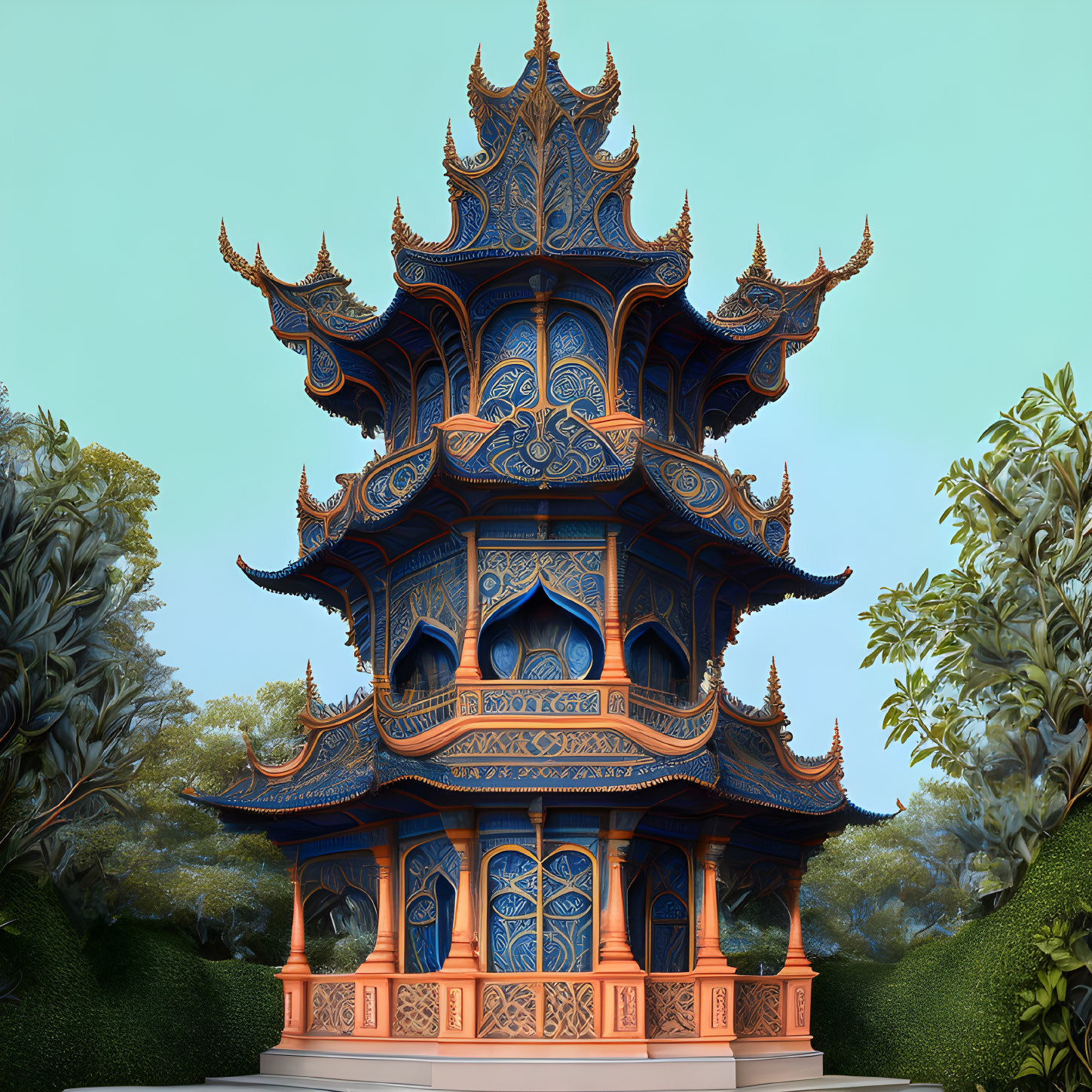 Detailed illustration of multi-tiered traditional Asian pagoda with blue and gold patterns in lush green foliage