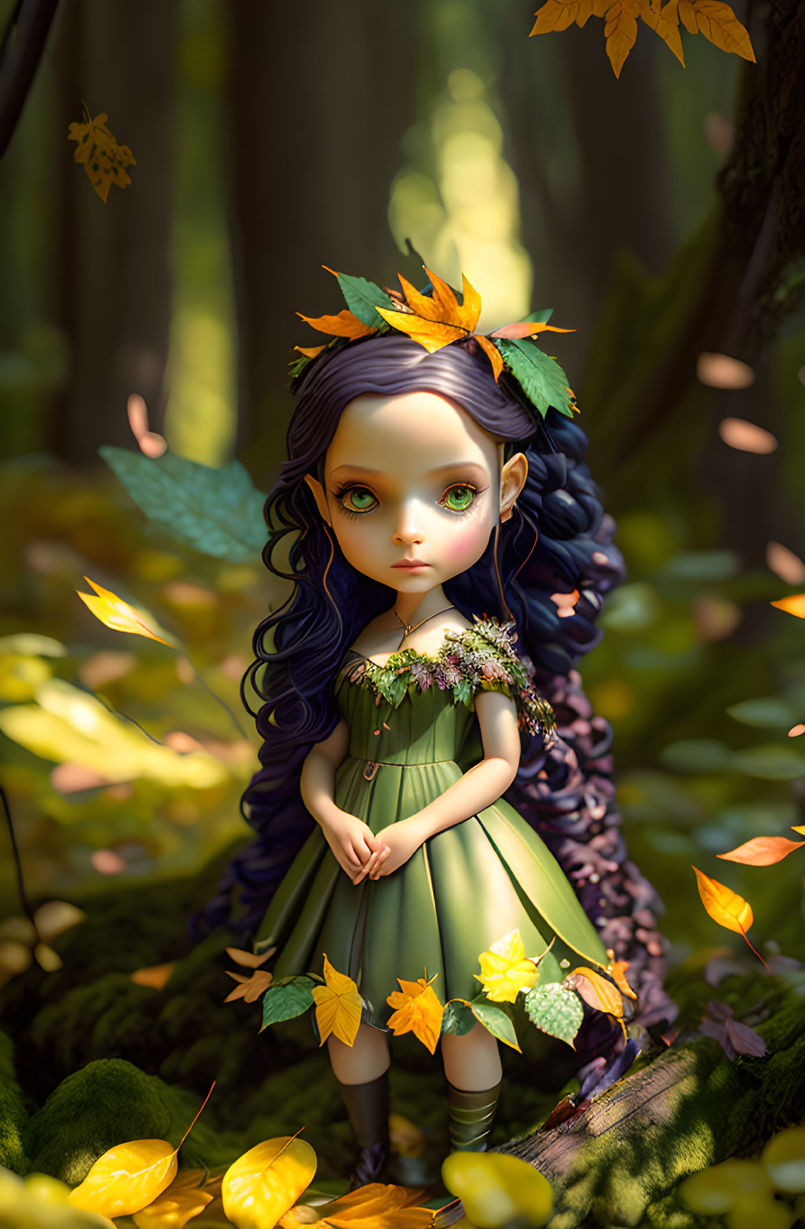 Digital artwork of doll-like girl with green eyes and autumn leaves in blue hair, wearing green dress in