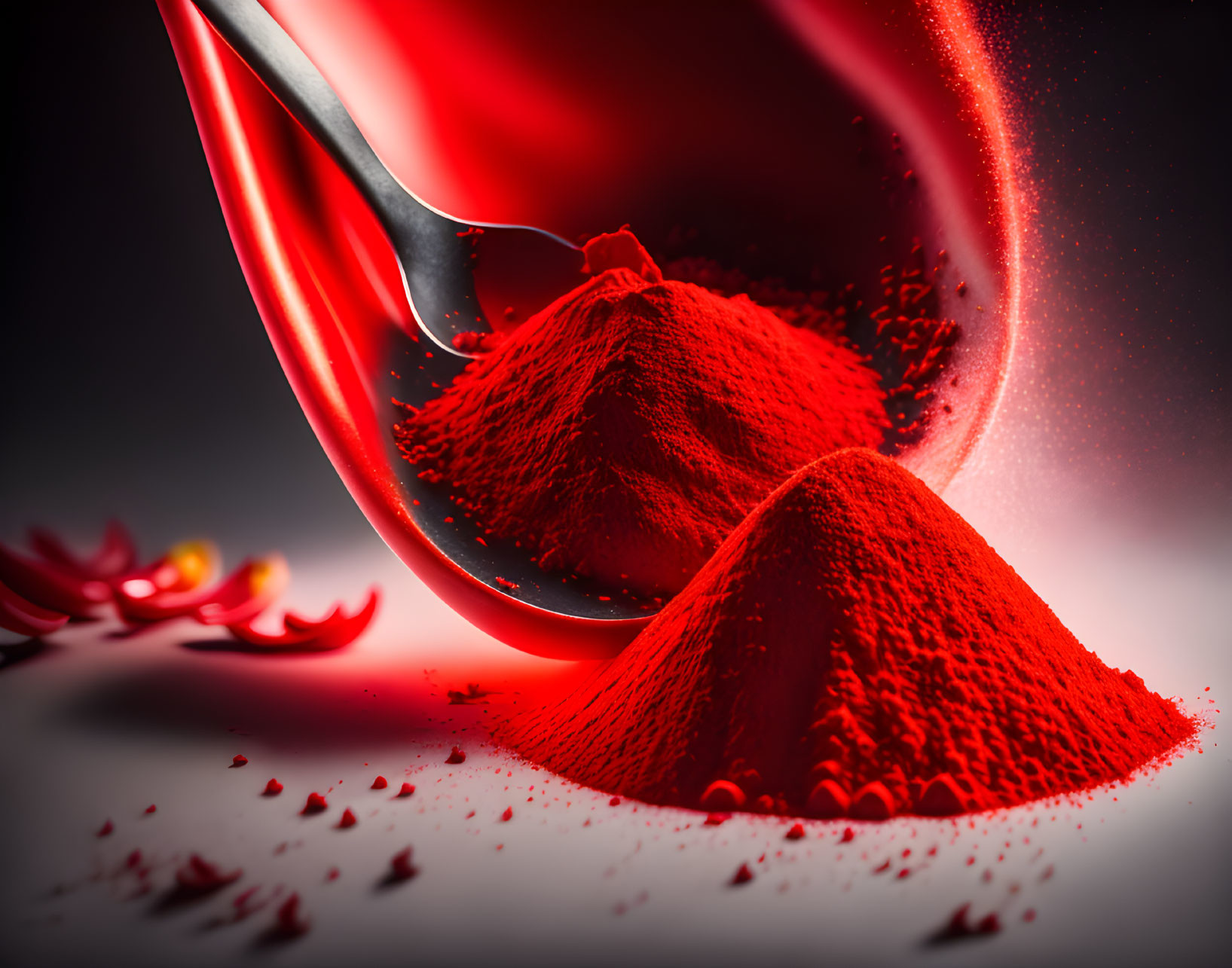 Colorful Spoon Scooping Red Chili Powder with Suspended Particles