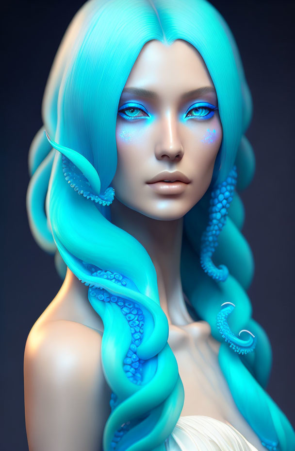 Digital Art: Woman with Turquoise Hair and Blue Skin with Octopus Motifs on Dark Background