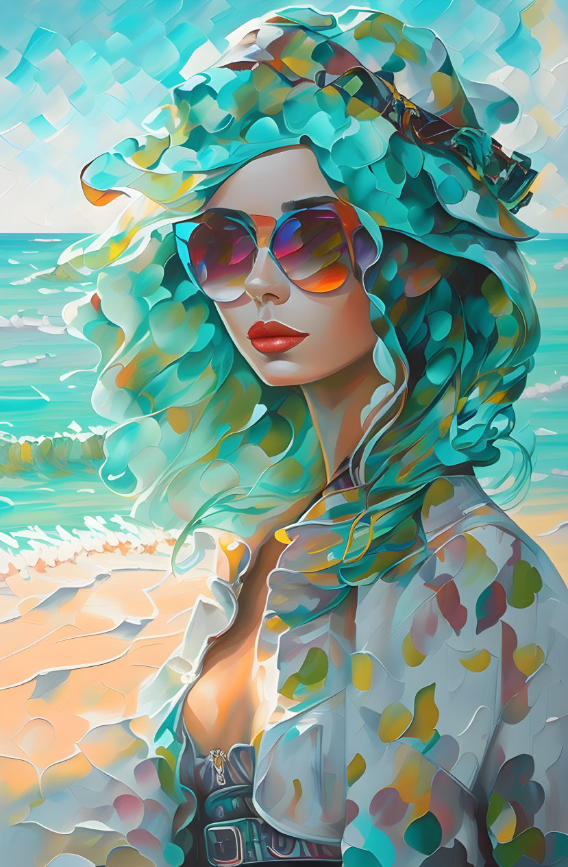 Illustration: Woman with flowing hair & sunglasses in vibrant beach scene