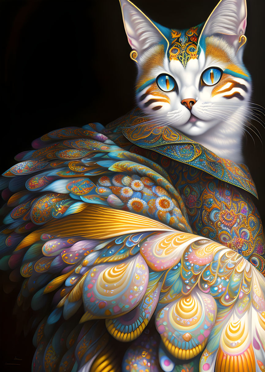 Blue-eyed cat with colorful feather patterns on dark background