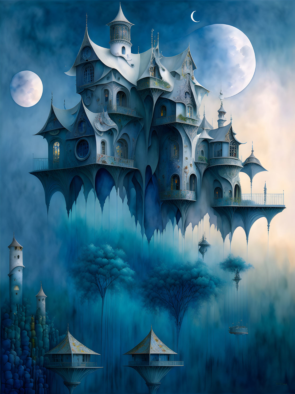 Fantastical floating castle above misty forest with multiple moons