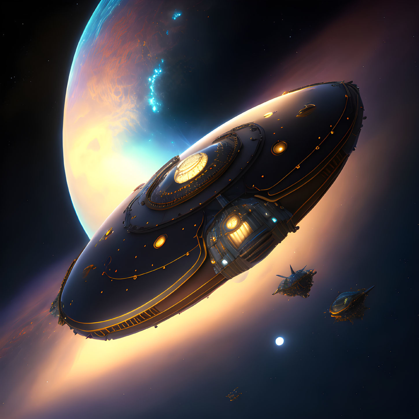 Detailed Spaceship Flying Among Stars and Planets