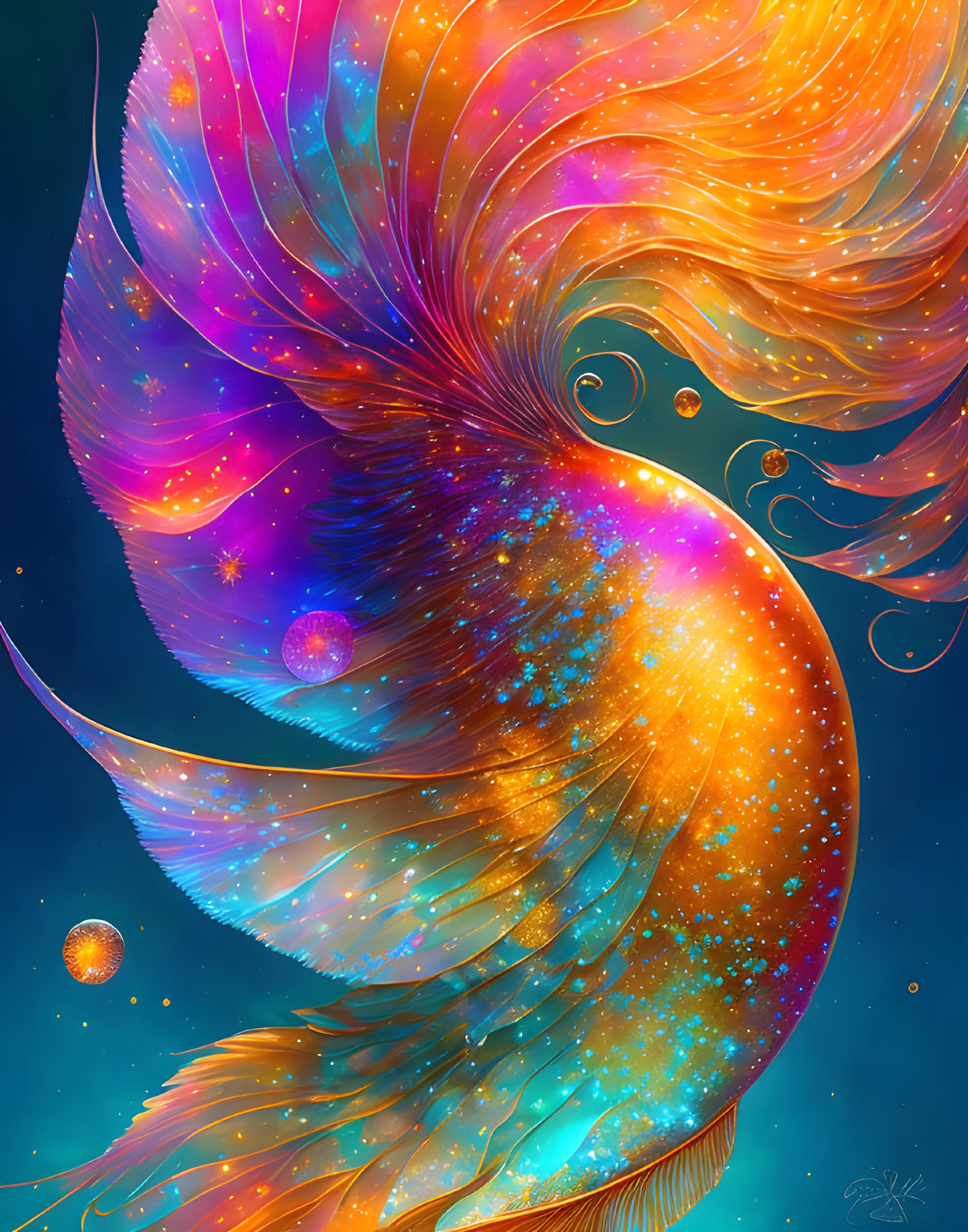 Colorful Betta Fish Artwork with Cosmic Elements on Deep Blue Background