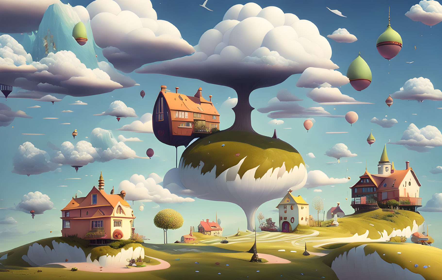 Whimsical landscape with floating islands and airborne dirigibles