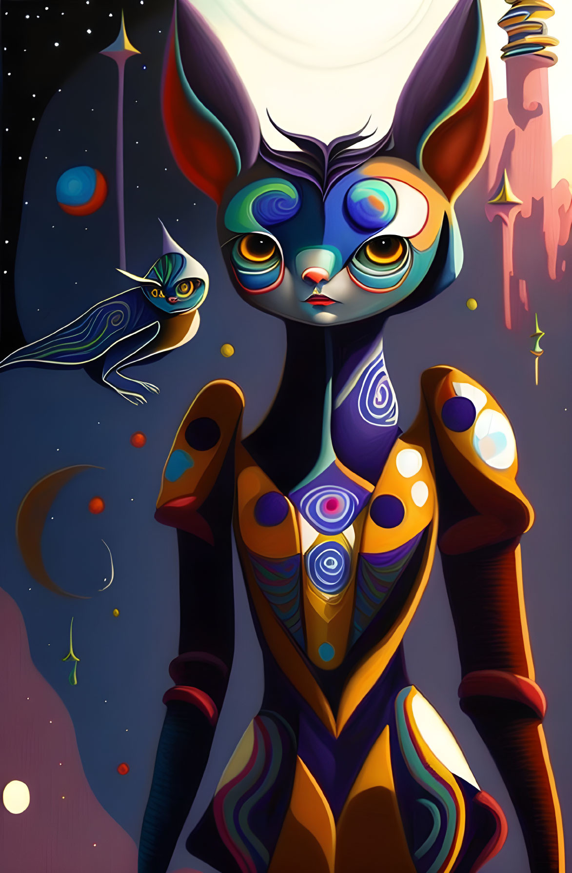 Colorful anthropomorphic feline and chameleon with intricate patterns on cosmic backdrop