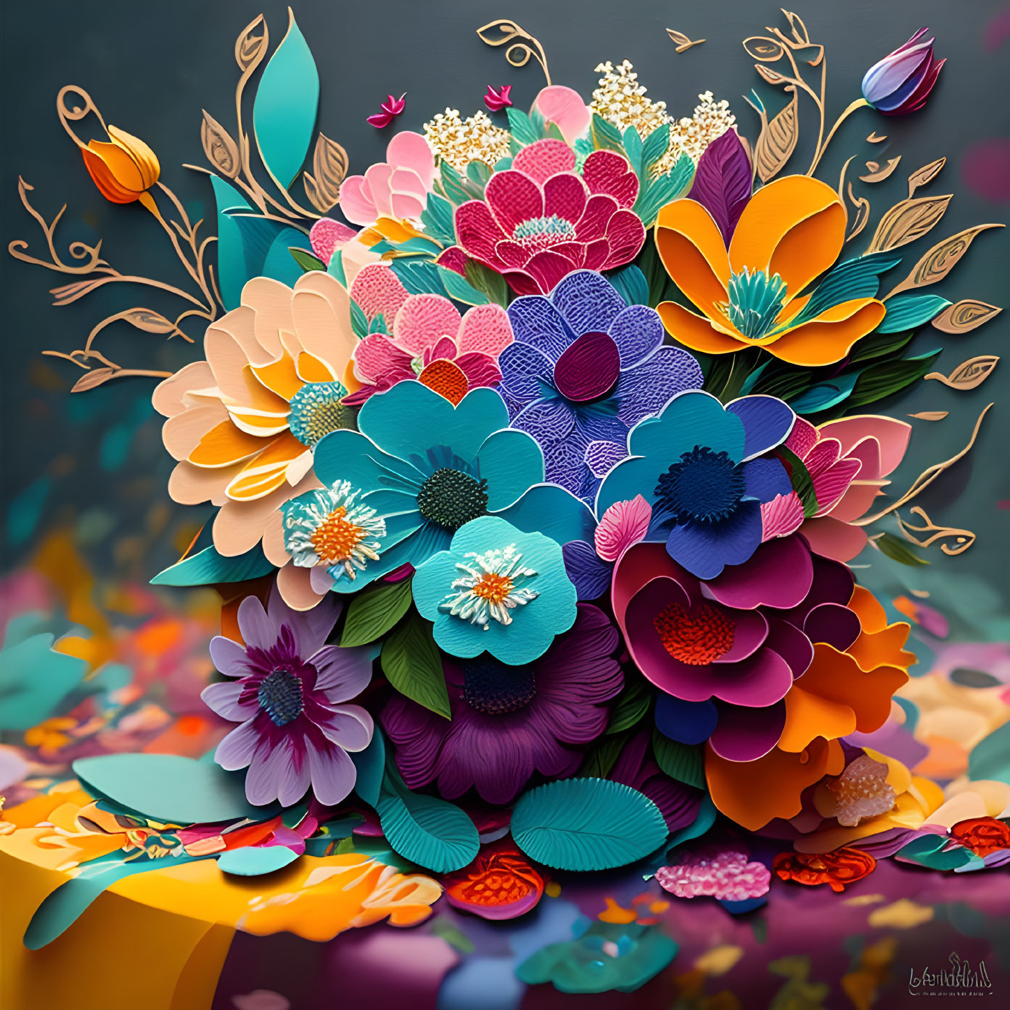 Colorful Stylized Paper Flowers on Dark Background