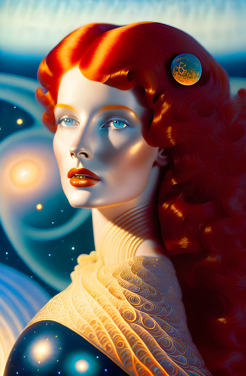 Stylized woman with red hair in celestial background.