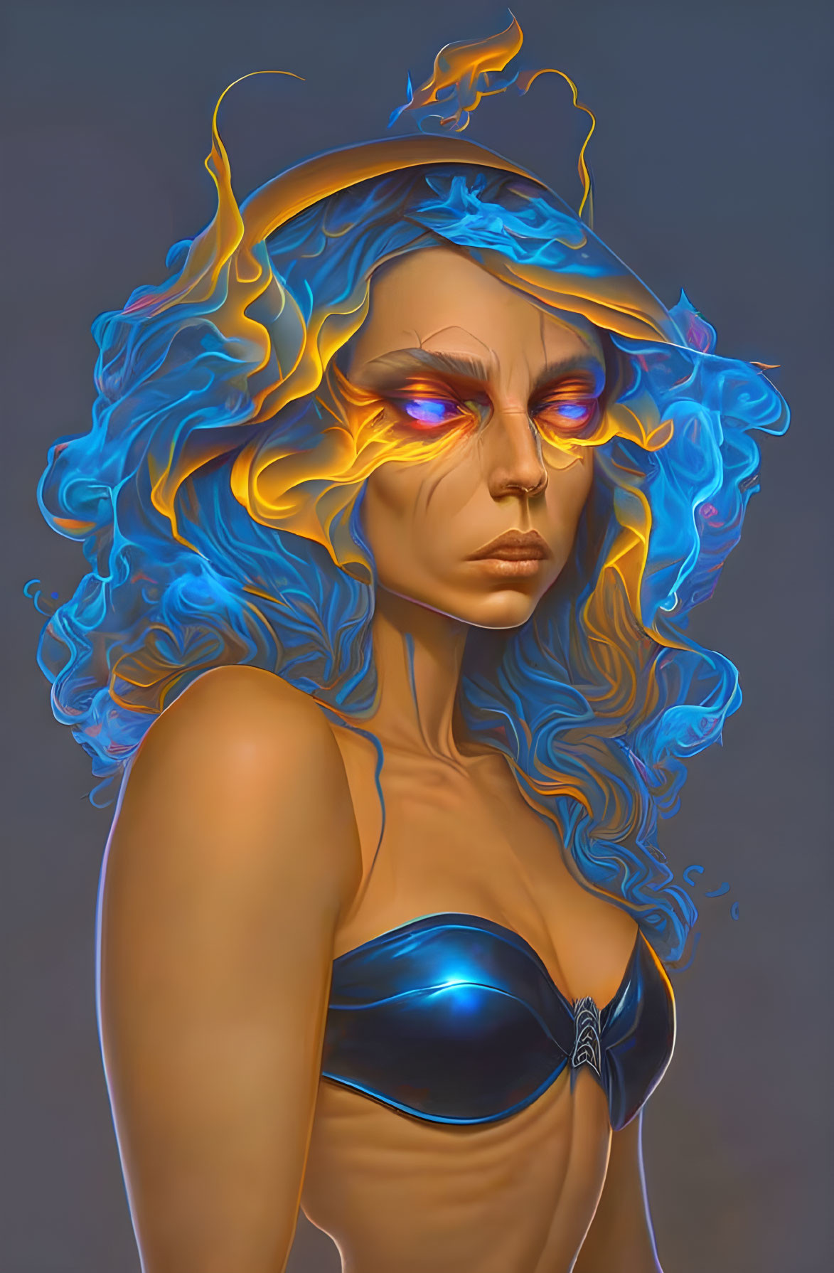 Blue-skinned female with fiery hair and metallic bikini top.