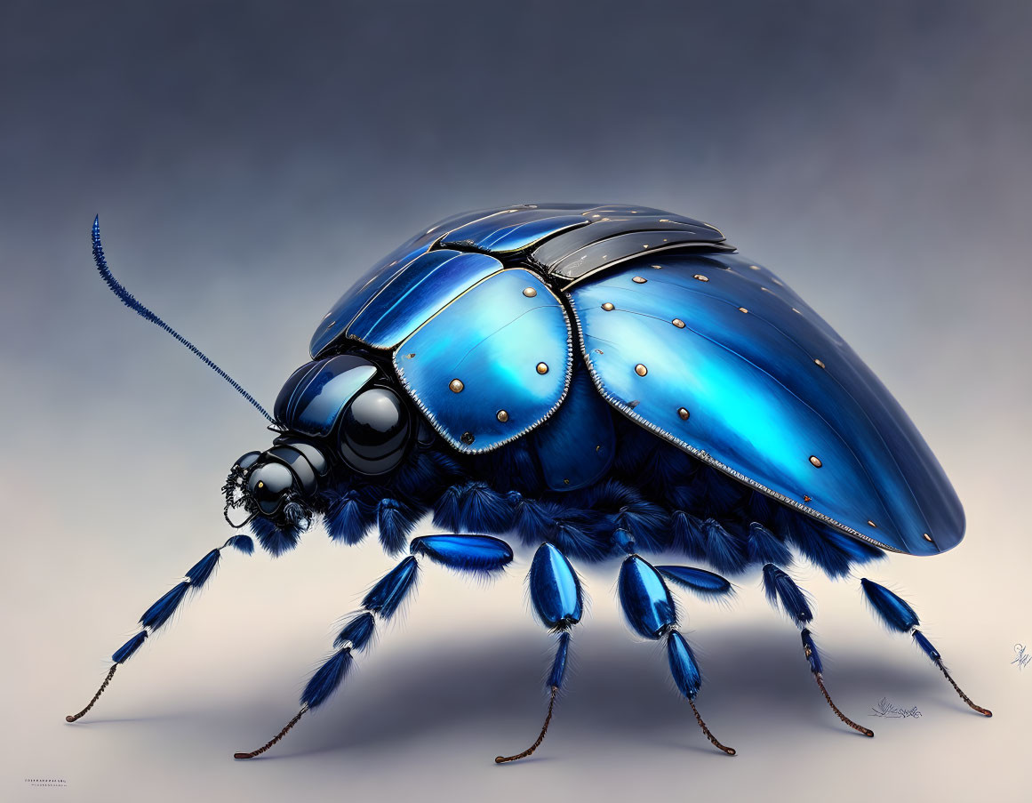 Detailed Blue Beetle Digital Illustration on Grey Background