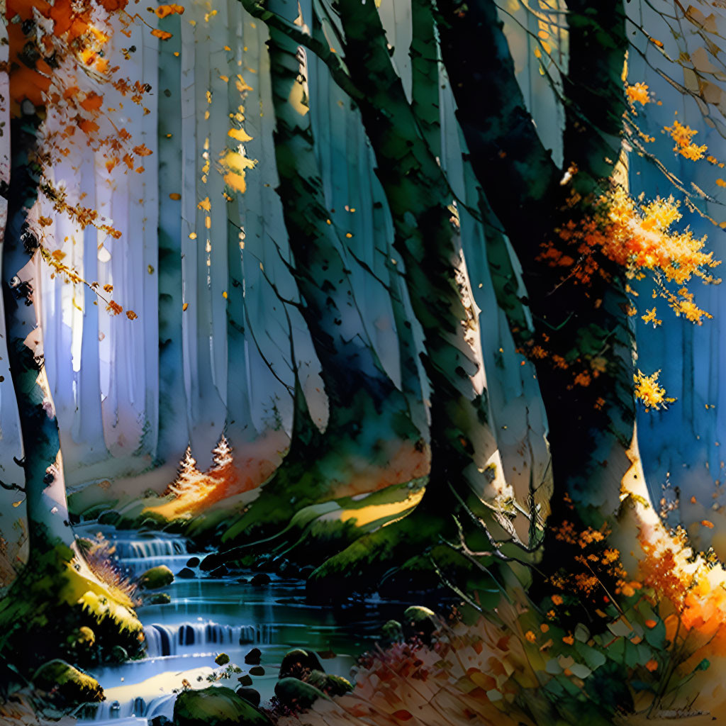 Scenic forest landscape with stream and autumn foliage.