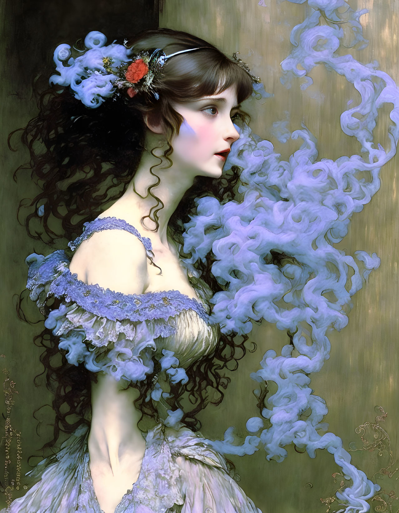 Young woman with curly hair in blue dress and flowers against whimsical background