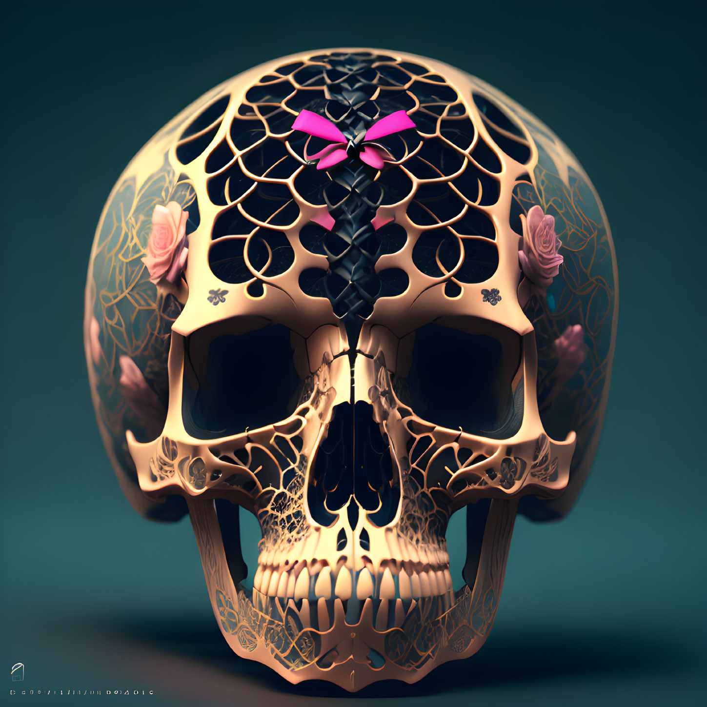 Skull with floral patterns and butterfly on teal background