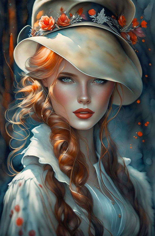 Digital artwork of woman with red hair and blue eyes in floral hat on blue background.