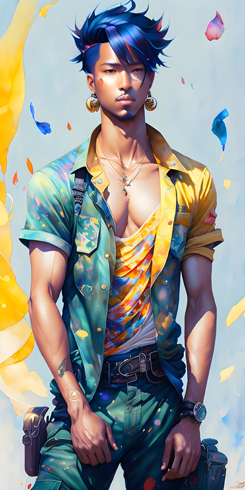 Colorful shirt man with blue hair among floating petals on sunny background