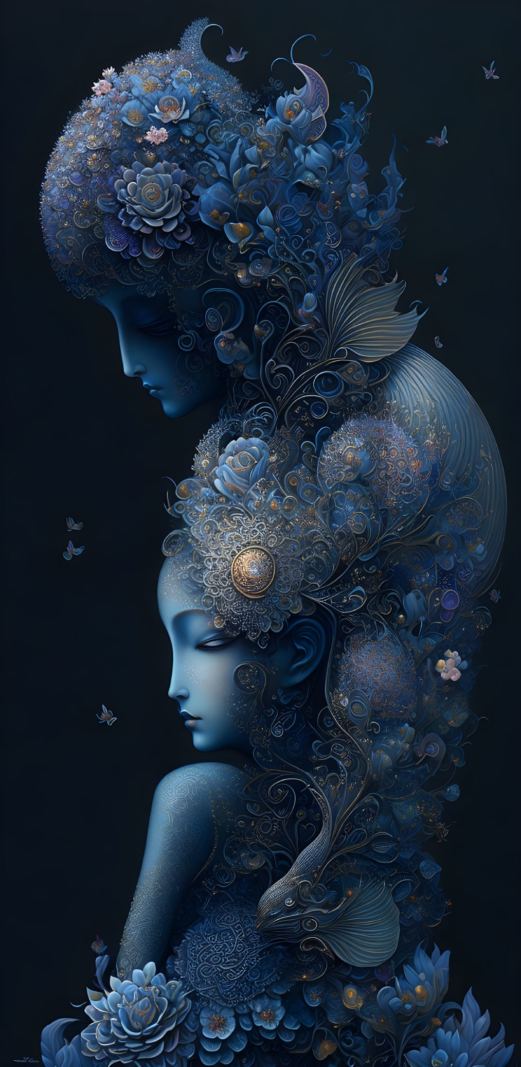 Ornate blue floral and aquatic figures on dark background