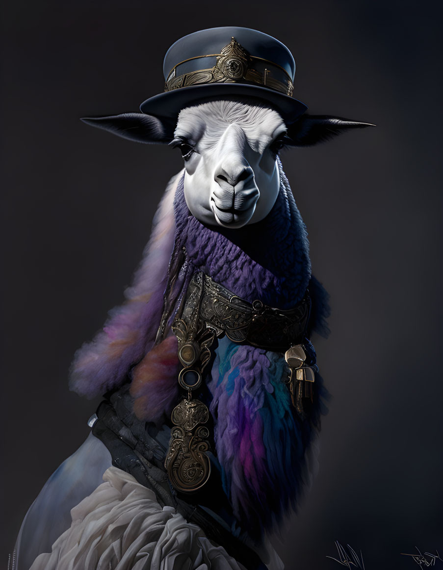 Llama portrait with humanoid features in steampunk hat & accessories