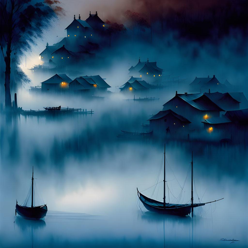 Silhouetted boats on calm waters at night with traditional houses and mist - serene scene.