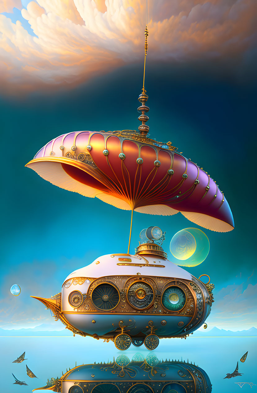 Steampunk-style airship with umbrella canopy floating in serene sky above calm waters