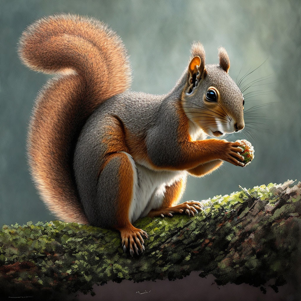 Detailed illustration: squirrel on mossy branch with small object, forest background