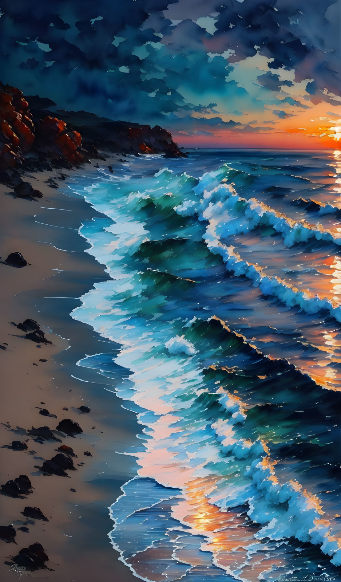 Colorful sunset beach digital painting with vibrant skies and ocean waves.