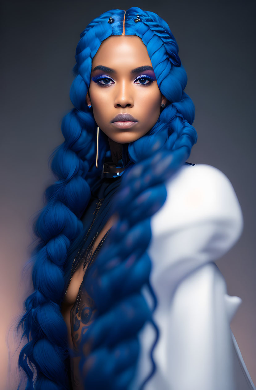 Woman with Blue Braids and White Outfit on Soft Background