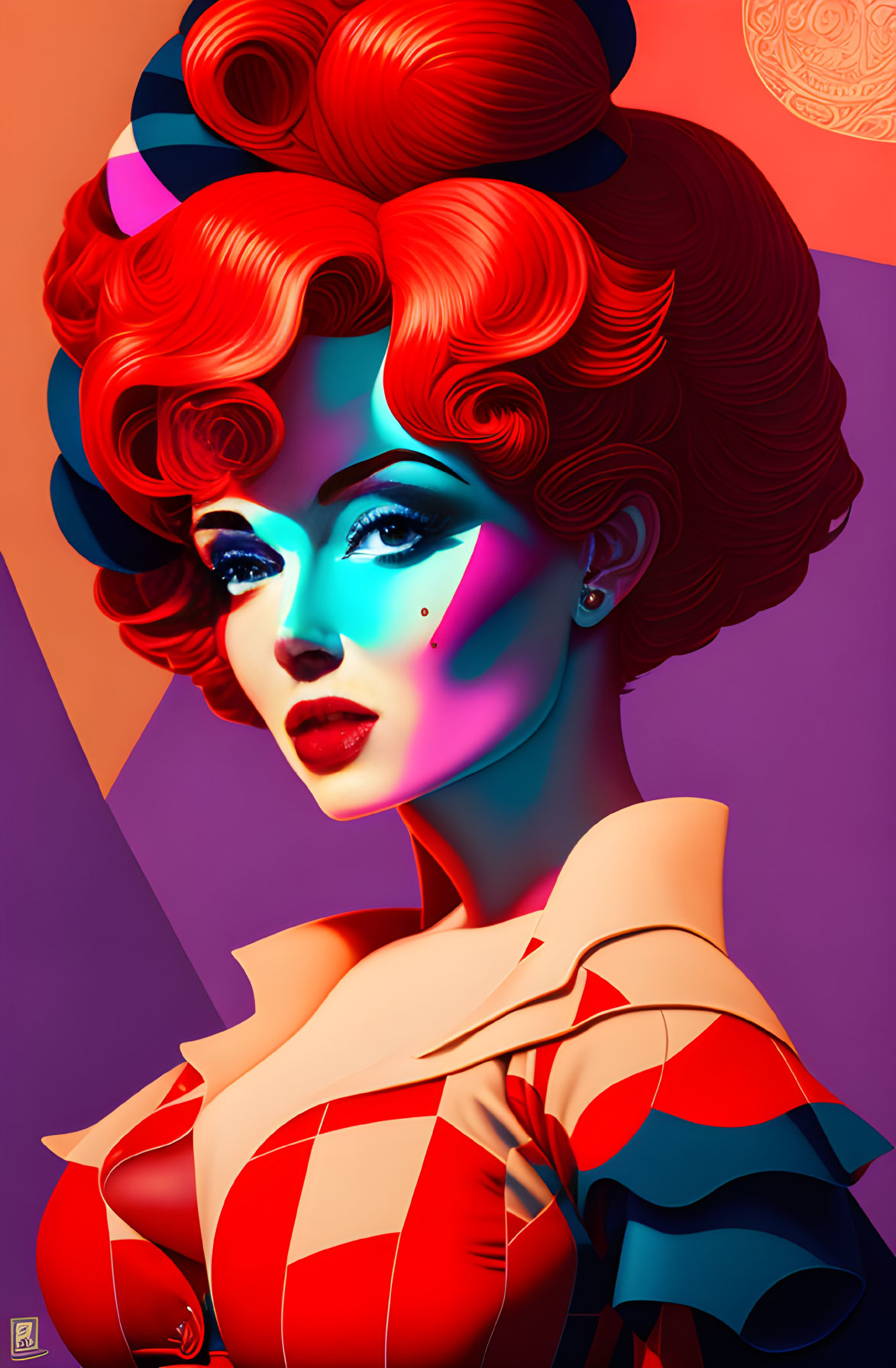 Colorful Vintage Style Illustration of Woman with Red Hair