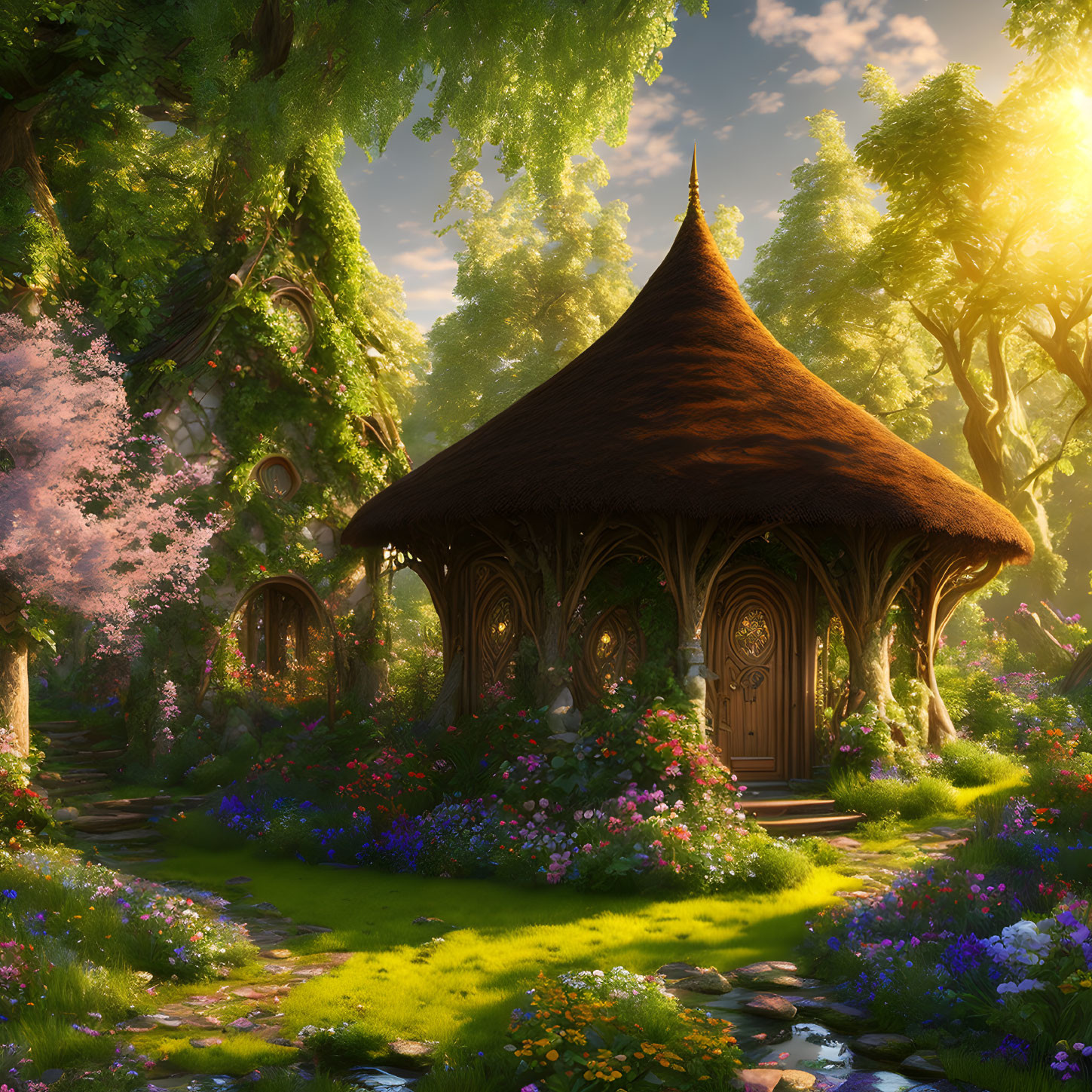 Thatched Roof Cottage in Flower-Filled Forest Glade