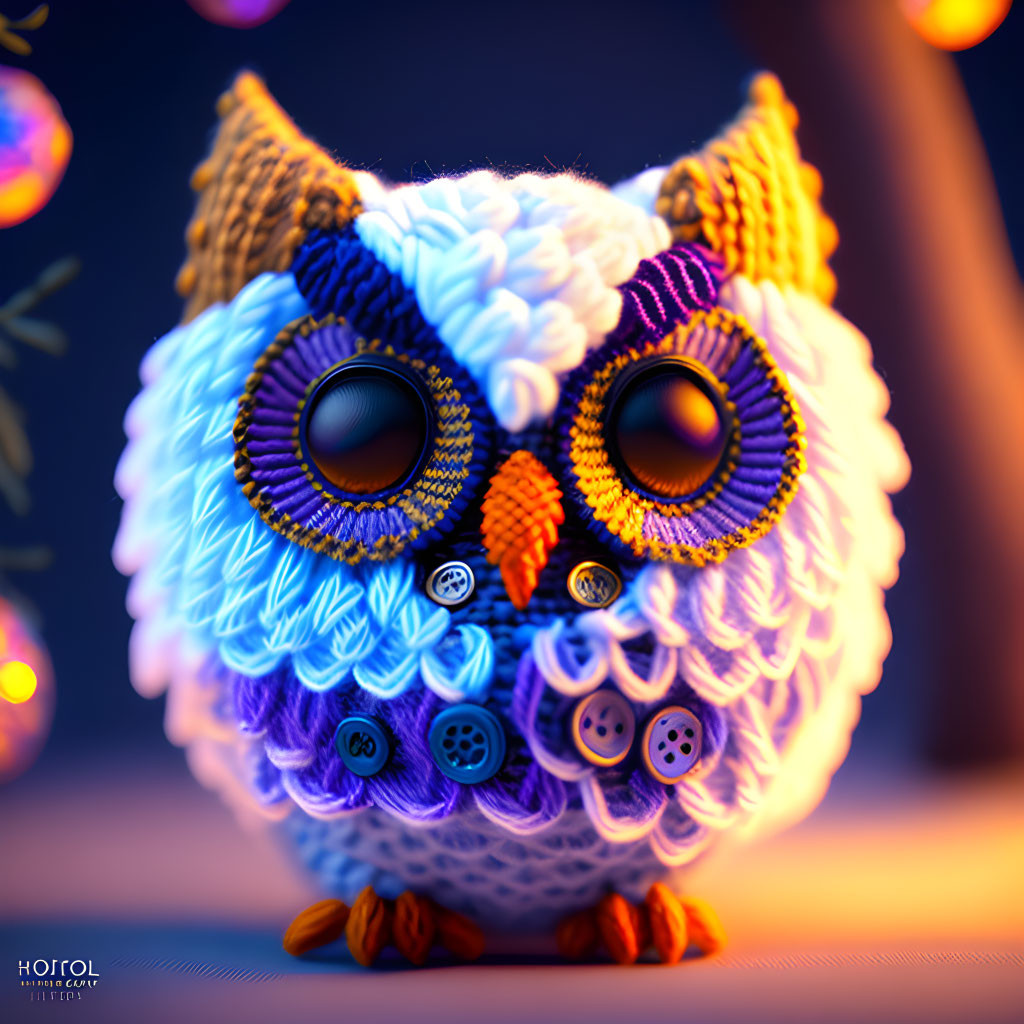 Colorful Handmade Owl Figurine with Button Eyes and Fabric Body on Bokeh Background