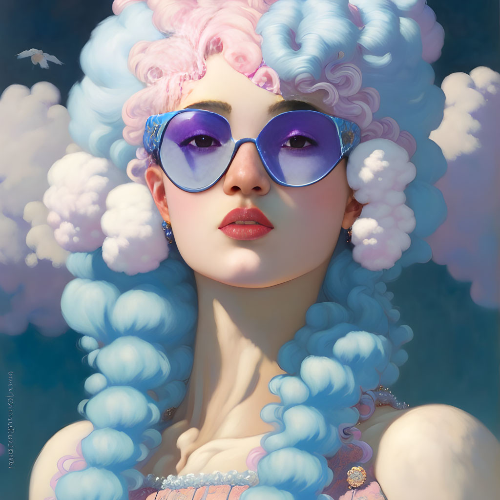 Stylized portrait of woman with pastel cloud hair and purple sunglasses against sky backdrop