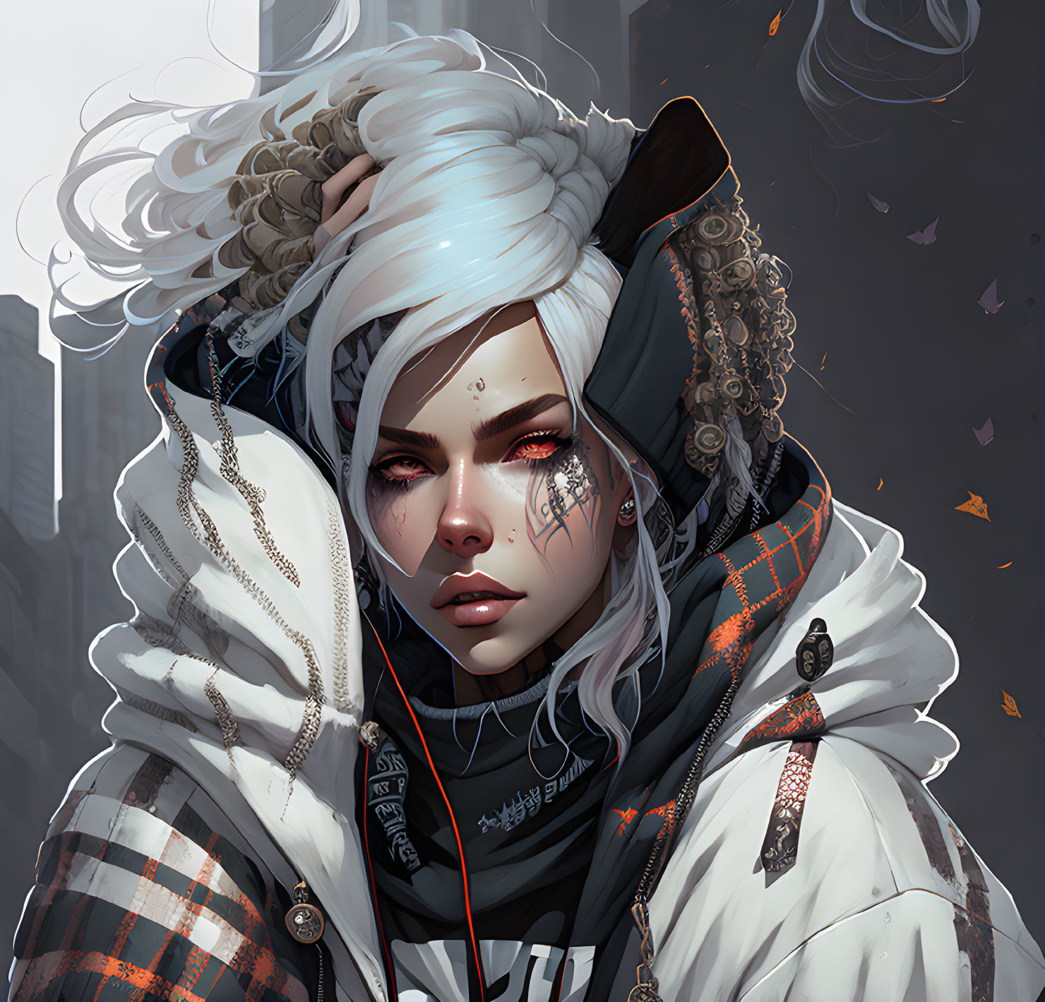 Woman with White Hair, Dark Roots, Plaid Jacket, Earrings, and Face Tattoo