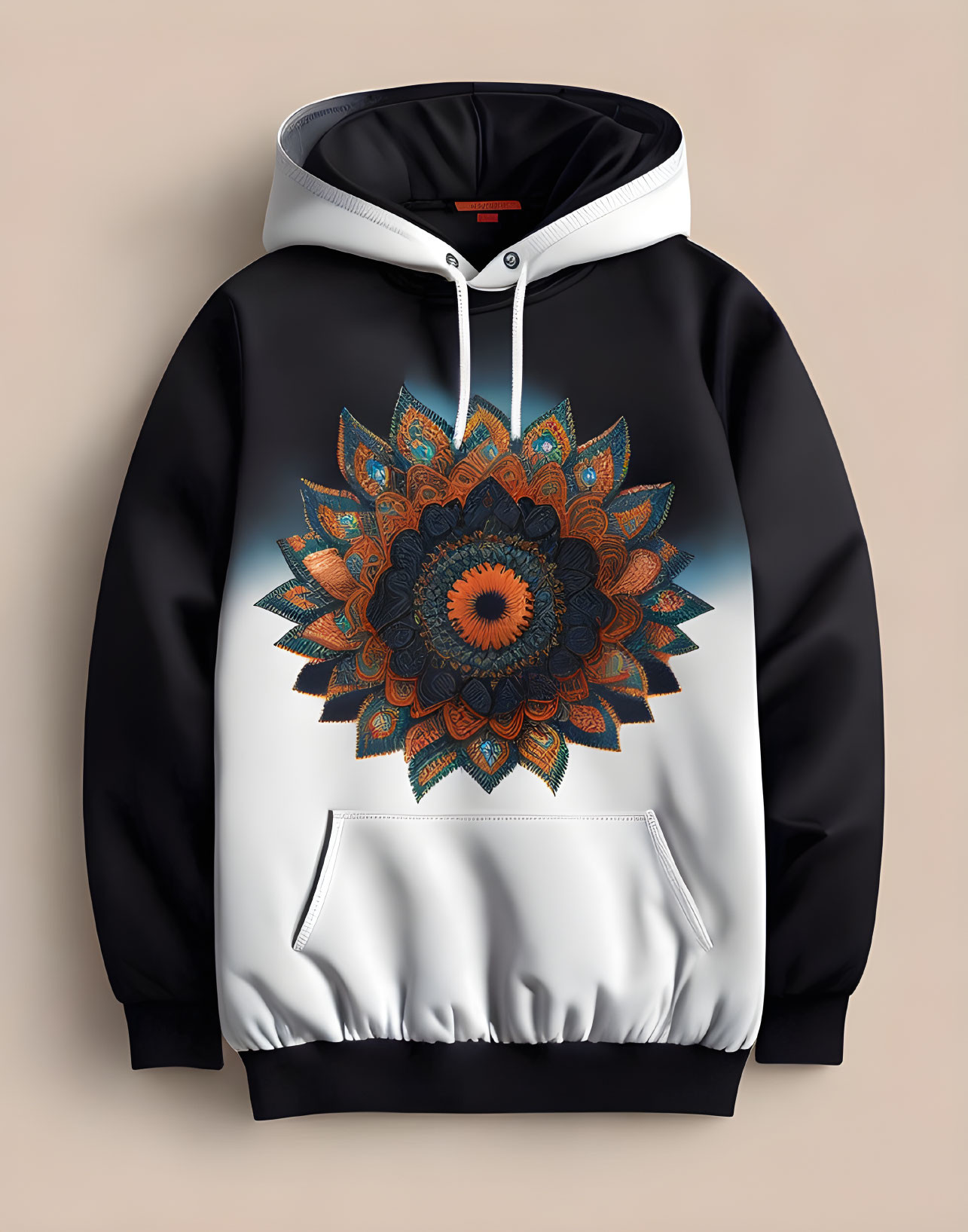 Monochrome Hoodie with Intricate Mandala Design in Orange, Blue, and Brown