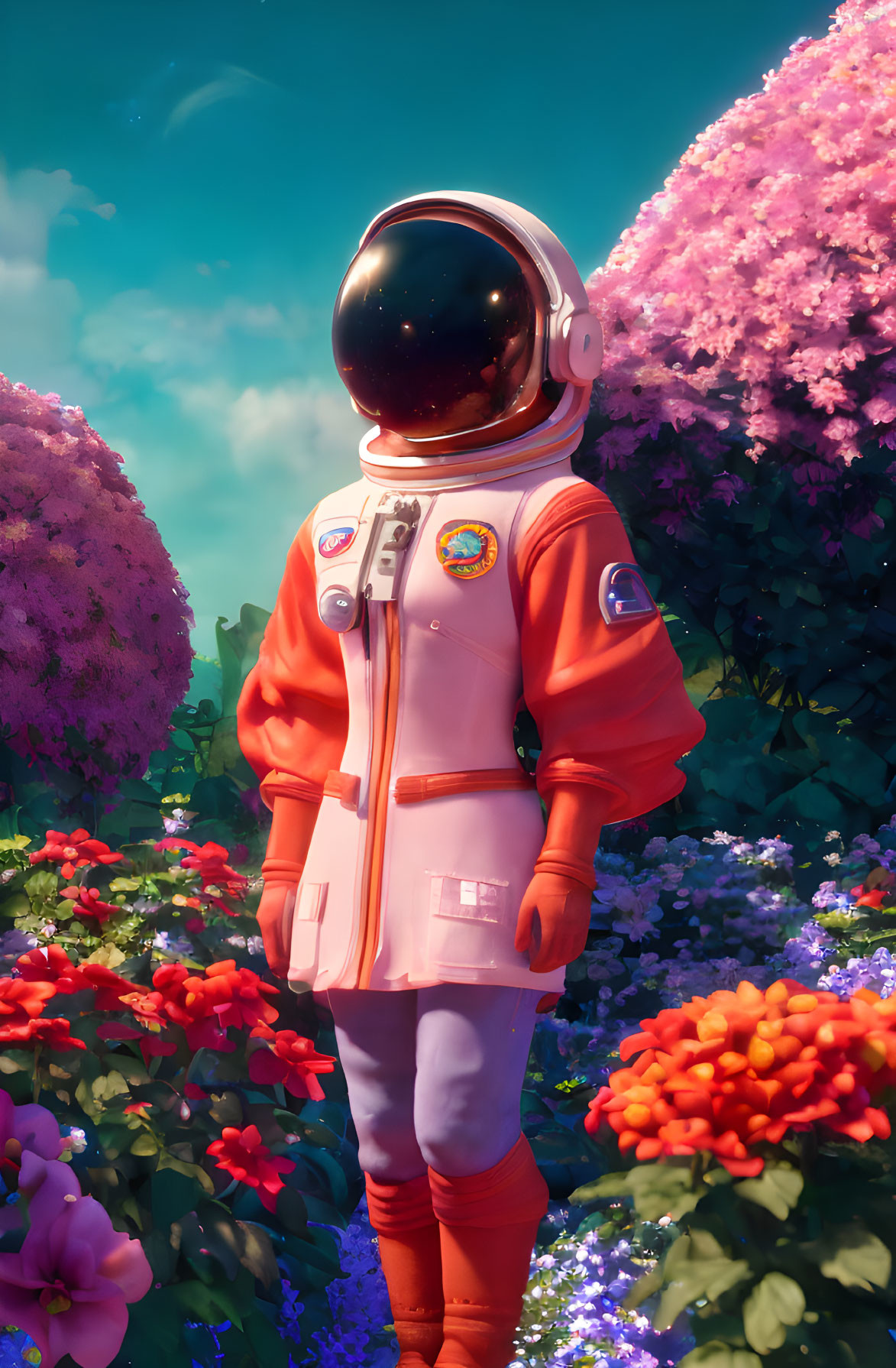 Astronaut in orange suit among pink and purple flowers under blue sky