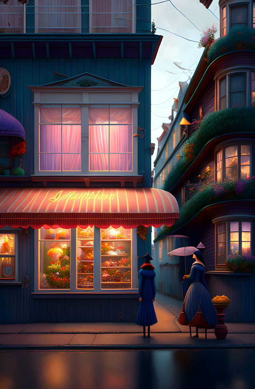 Two people in blue coats outside a cozy shop on a cobblestone street at dusk