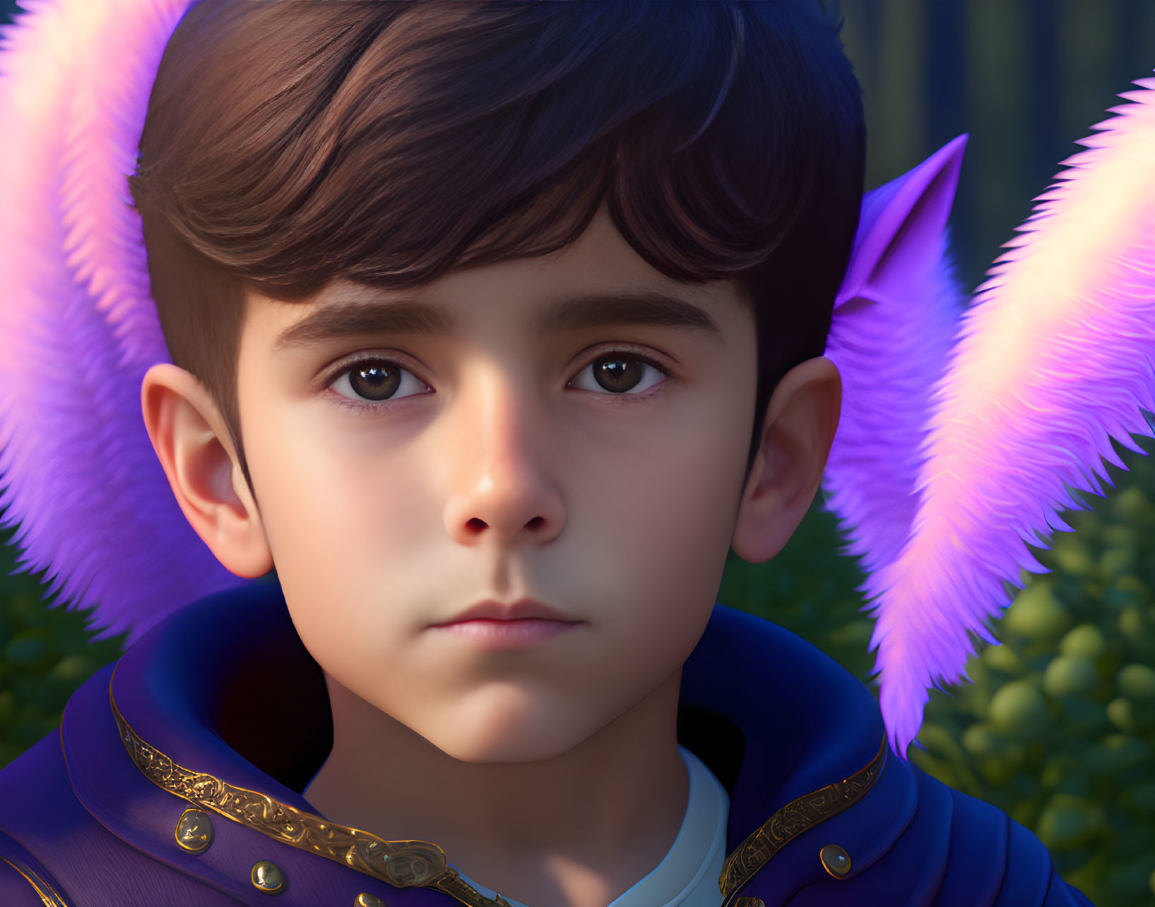 Young boy with dark hair and glowing angelic wings in digital portrait