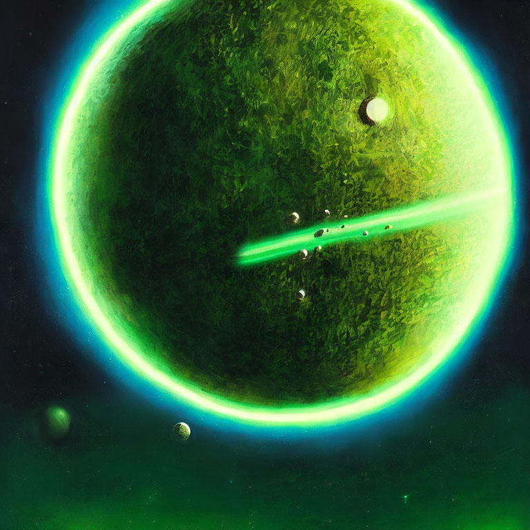 Green planet with glowing aura, satellites, and beam in space