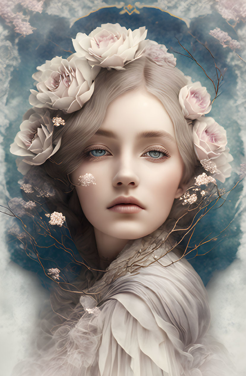 Illustrated portrait of woman with pale skin, blue eyes, crown of roses, twigs, cloud