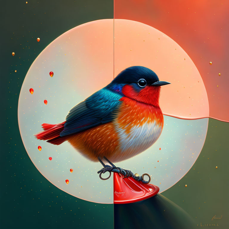 Colorful bird perched on red gramophone horn in vibrant digital art