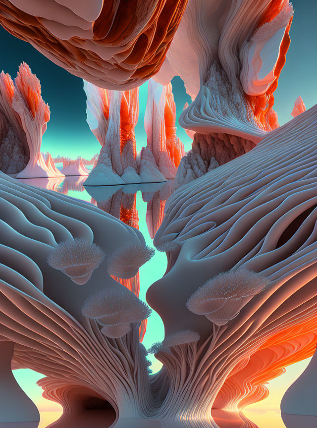 Surreal landscape with layered orange and blue rock formations